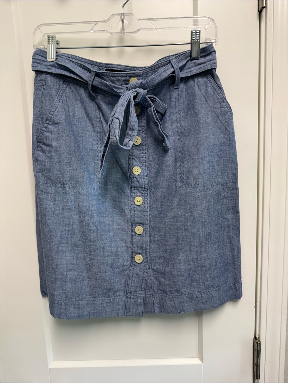 Talbots Chambray Button-Front Tie-Waist Skirt - Light Blue